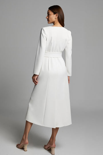 Robe longue de travail en satin ivoire à col en V et à manches longues